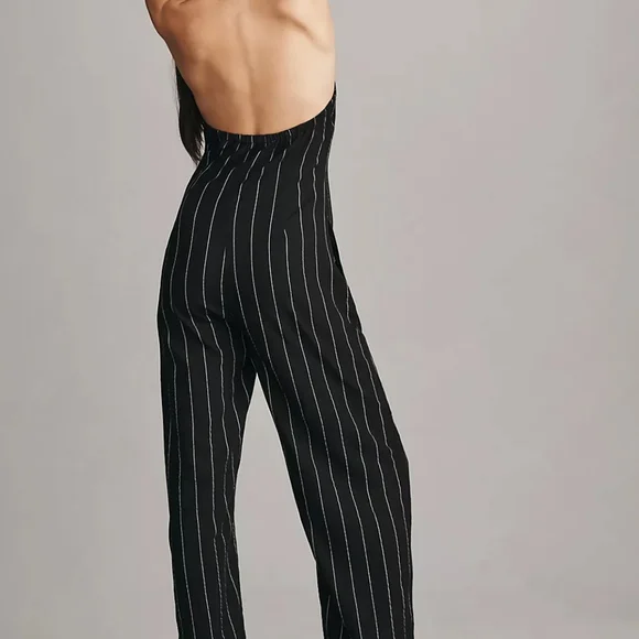 Anthropologie Little Lies Pinstripe Halter Neck Jumpsuit Black White Str… - Picture 2 of 9